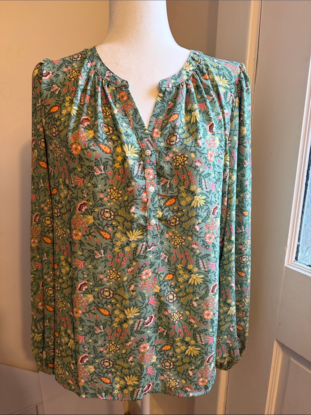 LOFT Green Floral Button-Front Peasant Blouse